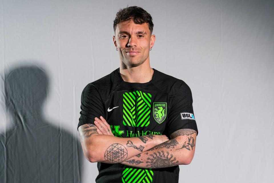 Lexington Sporting Club forward Cameron Lancaster poses while wearing the team’s 2024 home jersey. Lancaster is the all-time leading scorer in Louisville City’s history. Lexington Sporting Club