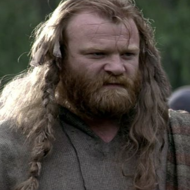 Gleeson with long hair that's partially braided and a full beard in 