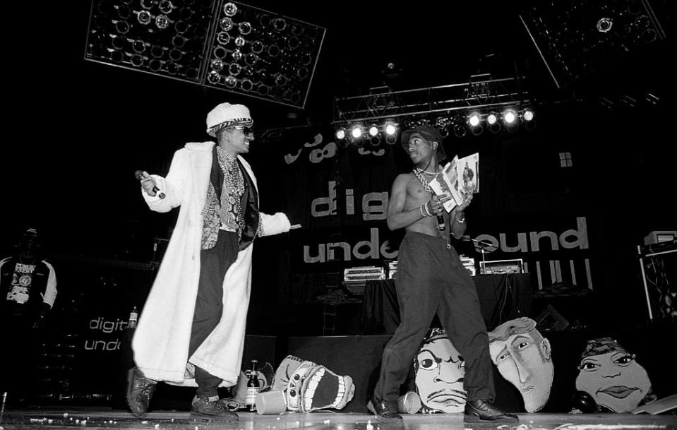 Shock G and Shakur of Digital Underground performing ‘Sex Packets’ in Indianapolis, Indiana, 1990. (Credit: Raymond Boyd via Getty Images)