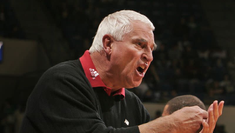 Texas Tech coach Bob Knight gestures during a basketball game with Louisiana Tech in Ruston, La., Dec. 6, 2006. Knight has died at age 83, his family announced on Wednesday, Nov. 1, 2023.