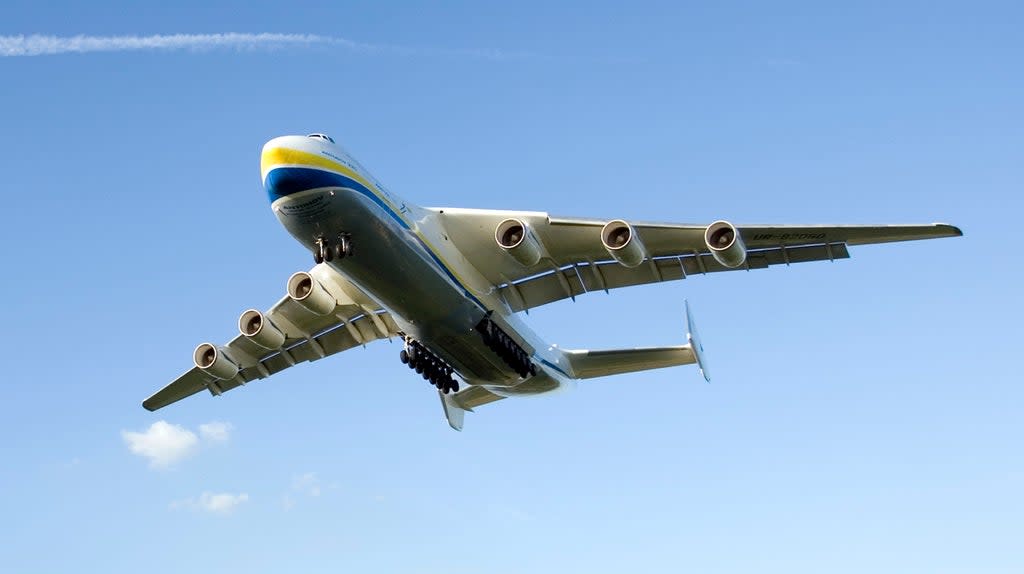 The world’s largest aeroplane, the Antonov An-225 Mriya, as it comes in to land at East Midlands Airport (Simon Cooper/PA) (PA Archive)