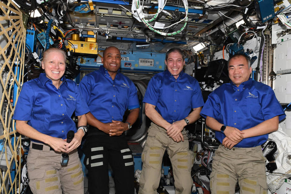 The Crew-1 astronauts plan to land in the Gulf of Mexico before dawn Sunday to wrap up a five-and-a-half month trip to the International Space Station. Left to right: Shannon Walker, Victor Glover, Michael Hopkins and Japanese astronaut Soichi Noguchi. / Credit: NASA