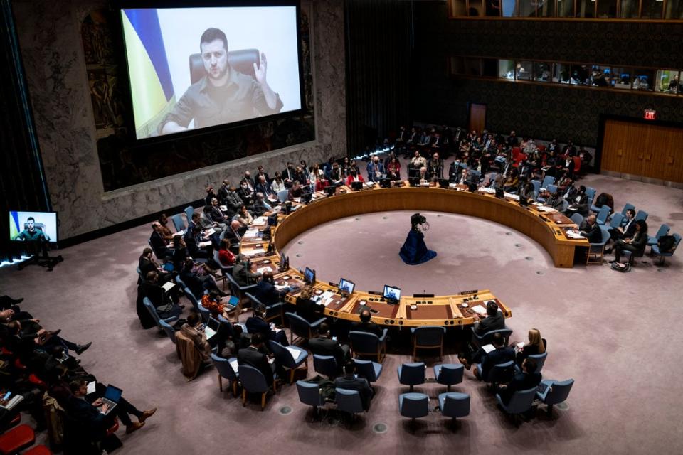 Ukrainian President Volodymyr Zelensky speaks via remote feed during a meeting of the UN Security Council at United Nations headquarters (John Minchillo/AP) (AP)