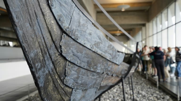 Des visiteurs regardent les vestiges en bois du navire de guerre de l'ère viking, Skuldelev 5, au musée des navires vikings de Roskilde, au Danemark, le 28 mai 2024 (AFP - James BROOKS)