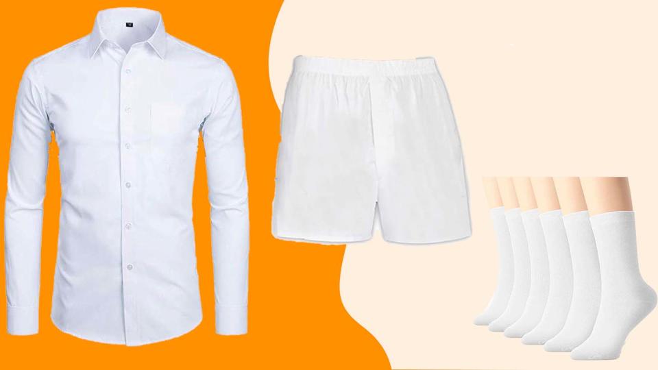 Pair this white button-down collared shirt with men's brief boxers and high-rise socks and you've got yourself a 'Risky Business' costume.