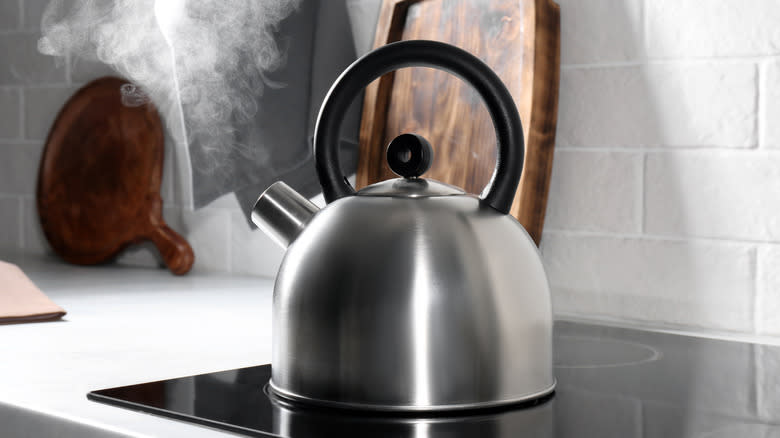 steaming kettle on a stovetop