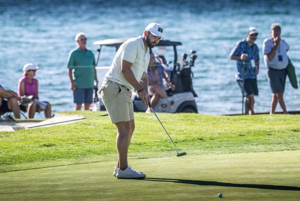 Tampa Bay Buccaneers quarterback Baker Mayfield putts during a practice round on Thursday, July 13, 2023 for the American Century Championship celebrity golf tournament at Edgewood Tahoe Golf Course in Stateline, Nev.