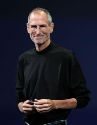 Steve Jobs wearing his signature St. Croix mock turtleneck. Photo by Getty Images