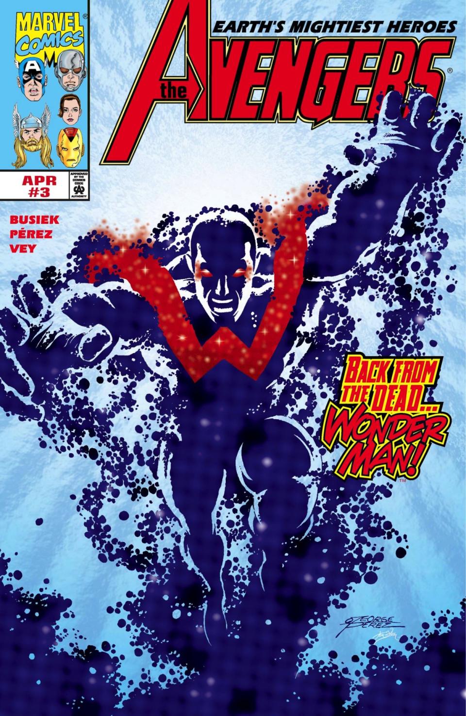 Wonder Man charging the fourth wall on the cover of an Avengers comic.