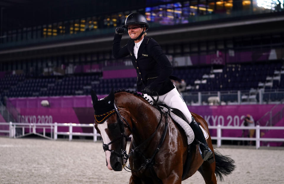 Julia Krajewski of Germany riding Amande De B'neville celebrates winning Gold in the Eventing Individual Jumping Final at Equestrian Park on the tenth day of the Tokyo 2020 Olympic Games in Japan. Picture date: Monday August 2, 2021. (Photo by Adam Davy/PA Images via Getty Images)