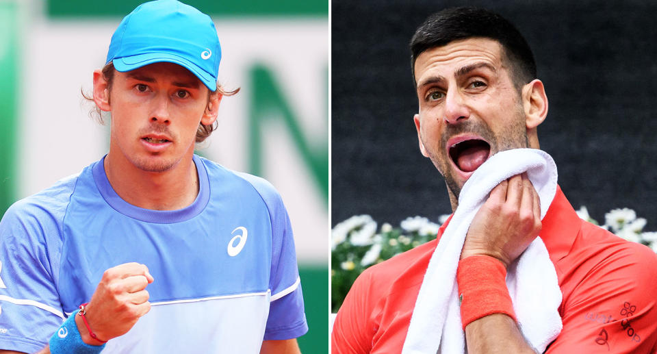 Pictured left to right are tennis rivals Alex de Minaur and Novak Djokovic before the French Open.