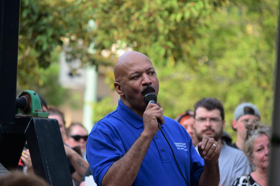 State Rep. Thomas West, D-Canton, speaks to the crowd at the Fourth of July Freedom March in downtown Canton.