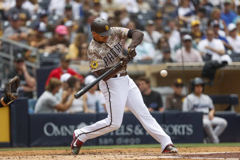 San Diego Padres Trayce Thompson makes some contact at the plate.