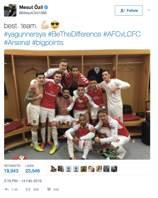 <p>When Arsenal beat Leicester City 2-1 in February 2016, the celebration picture taken of the Gunners in the Emirates changing room showed just how convinced they were the title was theirs. It wasn’t. Leicester went on to win it. </p>