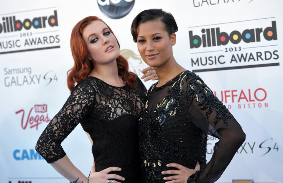 FILE - This May 19, 2013 file photo shows Caroline Hjelt, left, and Aino Jawo, of the musical group Icona Pop, at the Billboard Music Awards at the MGM Grand Garden Arena in Las Vegas. Icona Pop is one of a new crop of girl groups currently on the music scene. (Photo by John Shearer/Invision/AP, File)