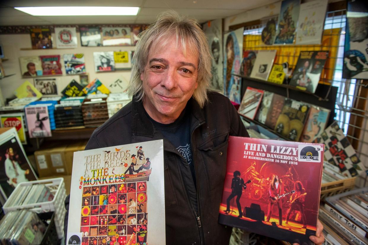 Mick Lawless at the Nevermind Shop in Upton, Massachusetts on April 18, 2024, showing off some special releases for Record Store Day.