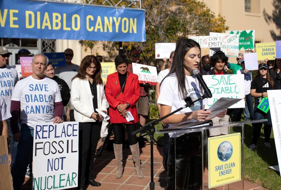 Isabelle Boemeke, founder of the Save Clean Energy group, spoke at a rally to keep Diablo Canyon nuclear power plant from closing, on Saturday, Dec. 4, 2021, in San Luis Obispo.