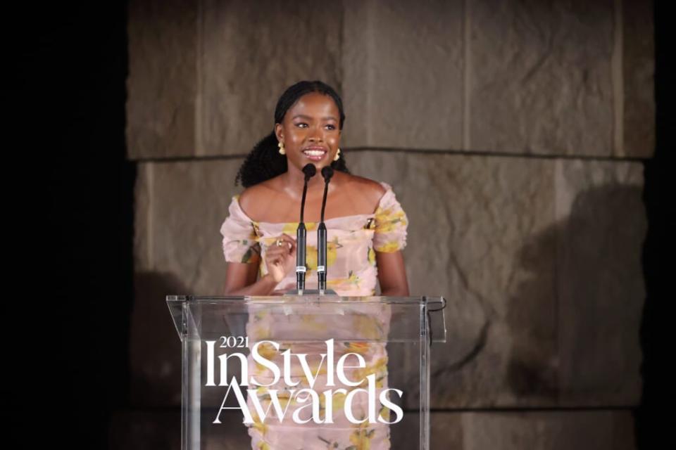 Amanda Gorman speaks onstage during the 2021 InStyle Awards at The Getty Center on November 15, 2021, in Los Angeles, California. (Photo by Emma McIntyre/Getty Images for InStyle)