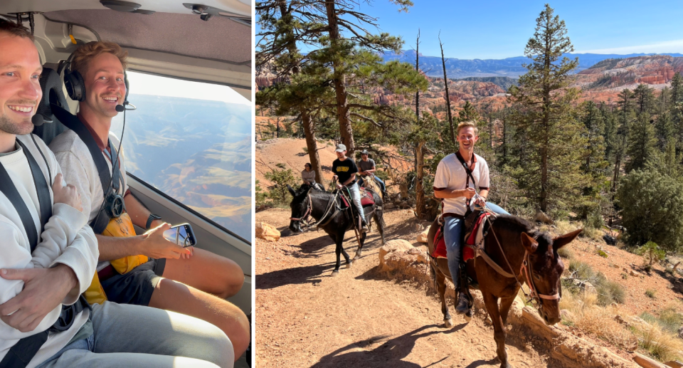 Tim Abbott in a helicopter (left) and on a horse (right). 