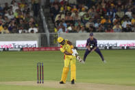 The Texas Super Kings and Los Angeles Knight Riders compete in a Major League Cricket match in Grand Prairie, Texas, Thursday, July 13, 2023. Major League Cricket’s inaugural tournament, six teams strong with rosters peppered with players from South Asia, is in full swing. (AP Photo/LM Otero)