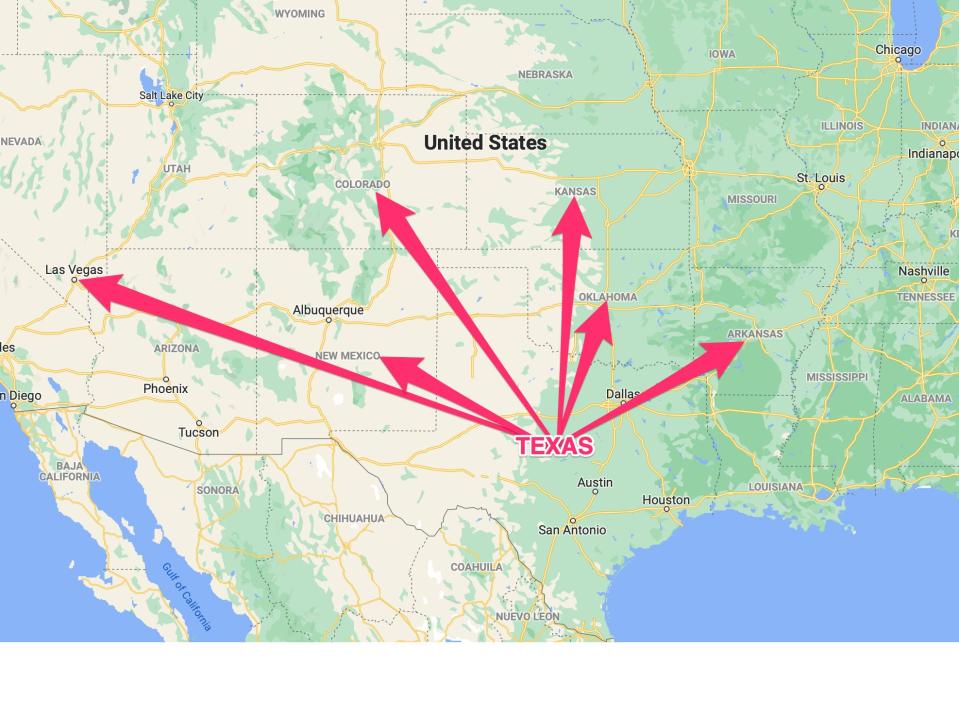 An annotated map showing some of the places people from Texas had to travel to get an abortion, including New Mexico, Arkansas, Oklahoma, and Las Vegas.