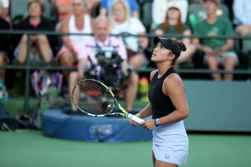 Desirae Krawczyk eyes the ball during her doubles match with Caroline Dolehide against Coco Gauff and Jessica Pegula (not pictured) at the BNP Paribas Open in Indian Wells, Calif., on Monday, March 11, 2024.