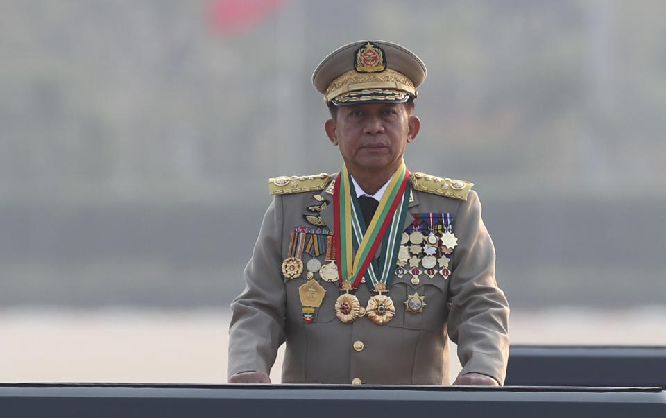 FILE - Senior Gen. Min Aung Hlaing, head of the military council, inspects officers during a parade to commemorate Myanmar's 78th Armed Forces Day in Naypyitaw, Myanmar, on March 27, 2023. Myanmar’s leading resistance group and allied ethnic armed groups battling the military government on Wednesday, Jan. 31, 2024, released a political road map to ending military rule and enabling a peaceful transition of power, saying they were open to peace talks with the army if it accepted their terms.(AP Photo/Aung Shine Oo, File)