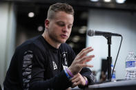 LSU quarterback Joe Burrow speaks during a press conference at the NFL football scouting combine in Indianapolis, Tuesday, Feb. 25, 2020. (AP Photo/Michael Conroy)