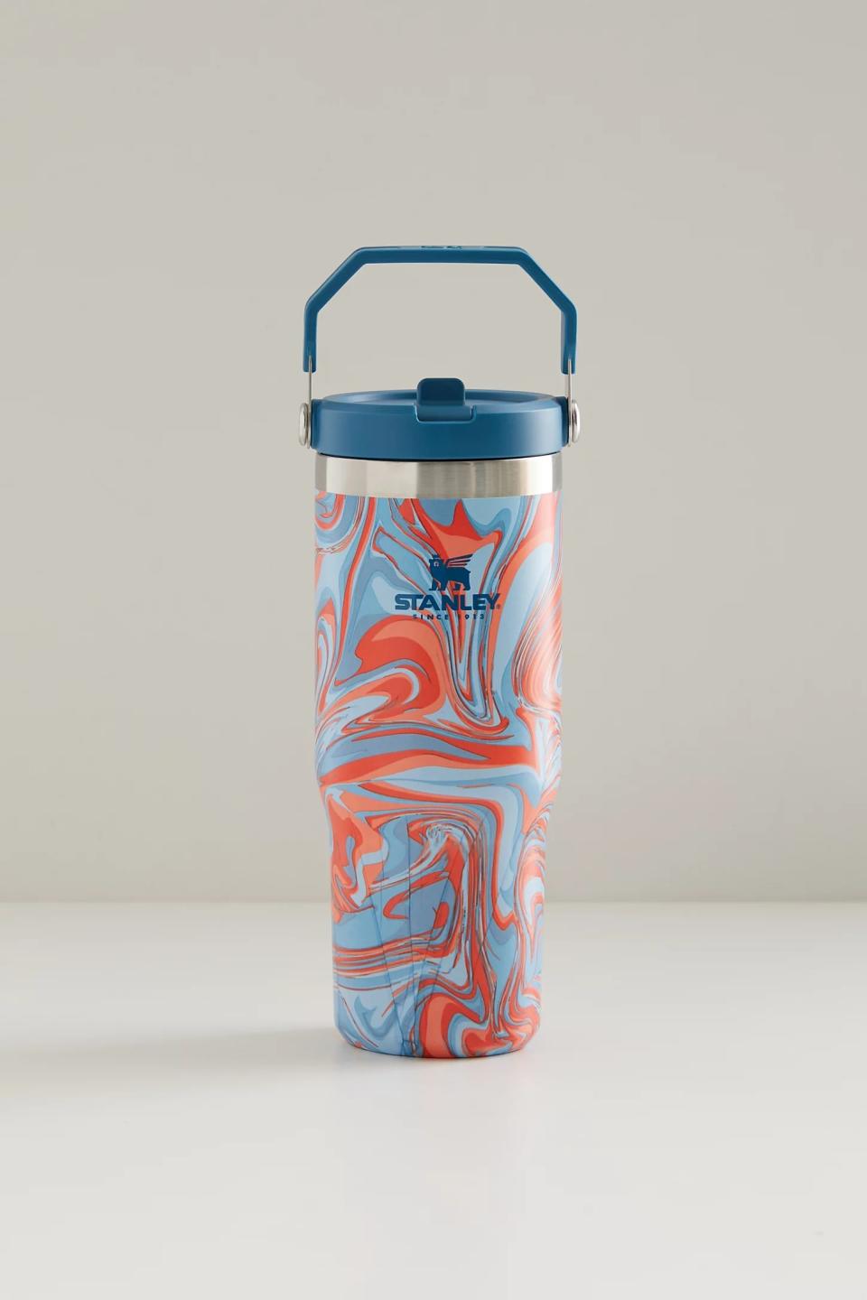 blue and orange swirl travel mug