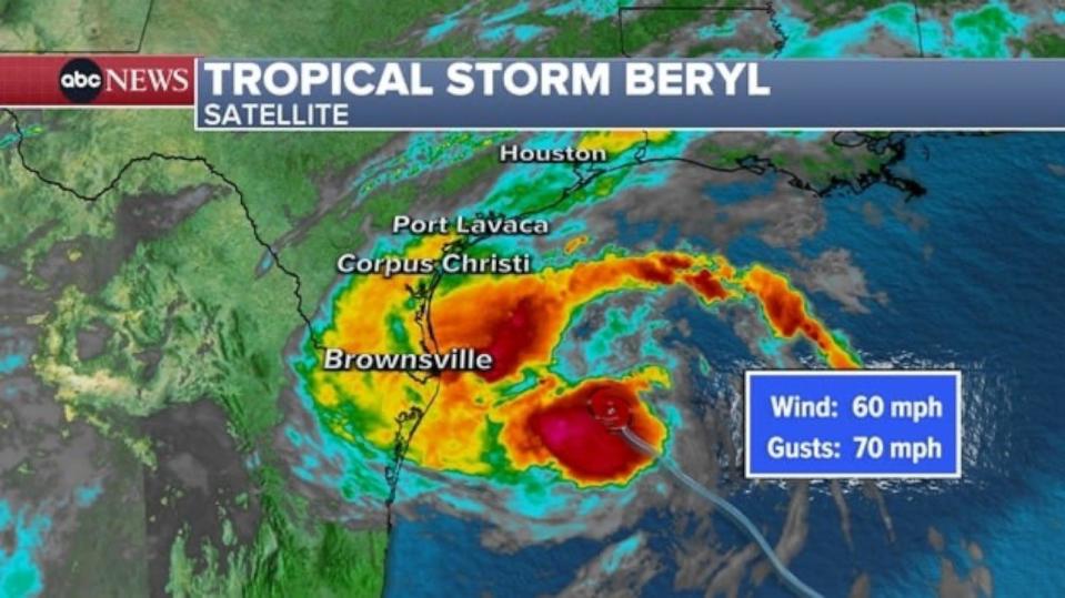 PHOTO: An ABC News graphic shows the forecast for Beryl, the tropical storm expected to make landfall in Texas on Monday, July 8, 2024.  (ABC News)