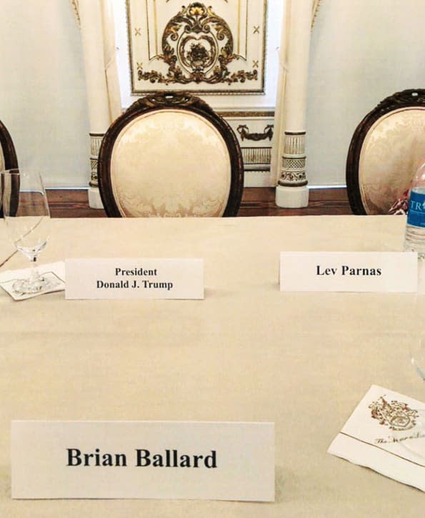 A table setting with Donald Trump, Brian Ballard and Lev Parnas seated close together for a Republican fundraising dinner at Mar-a-Lago in Palm Beach, Fla. on April 20, 2018. (Courtesy Lev Parnas)