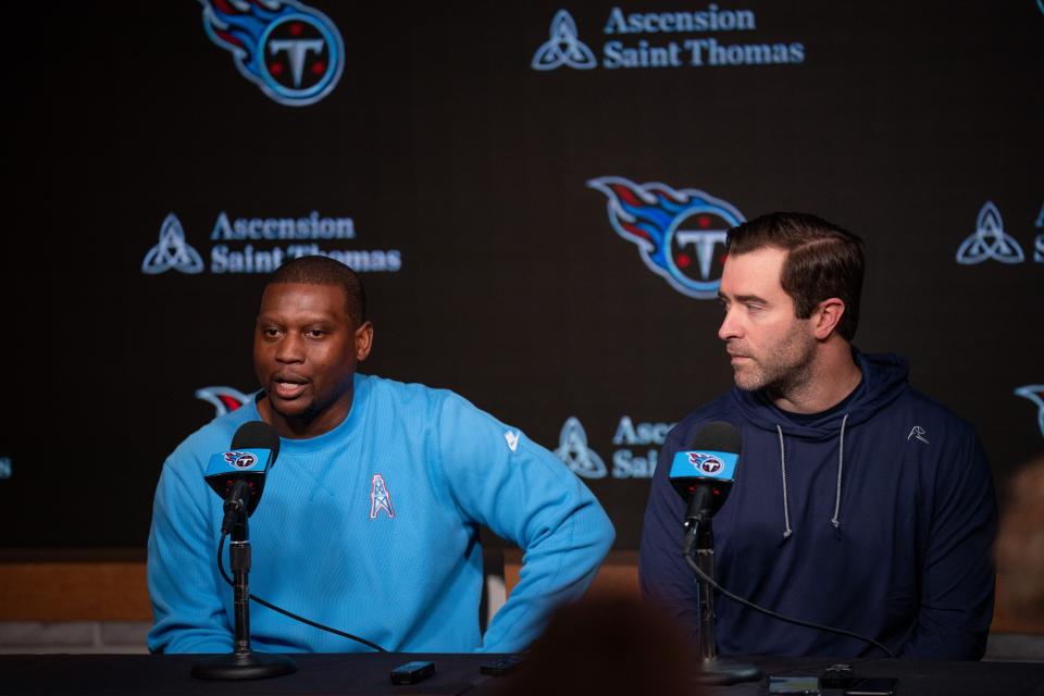 Tennessee Titans Defensive Coordinator Dennard Wilson, left, fields questions with Head Coach Brian Callahan at Ascension Saint Thomas Sports Park in Nashville, Tenn., Wednesday, Feb. 14, 2024.