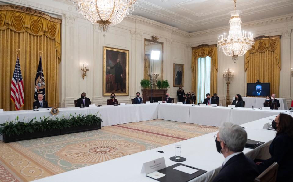 President Biden holds his first Cabinet meeting in the East Room of the White House on April 1, 2021. / Credit: ANDREW CABALLERO-REYNOLDS/AFP via Getty Images