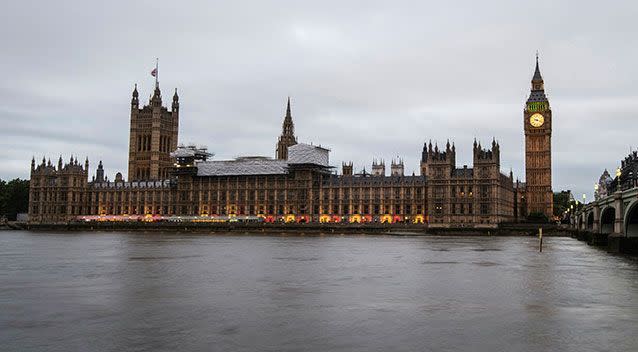 The Houses of Parliament illuminated in the French colours in tribute to the attacks in Nice. Source: AAP