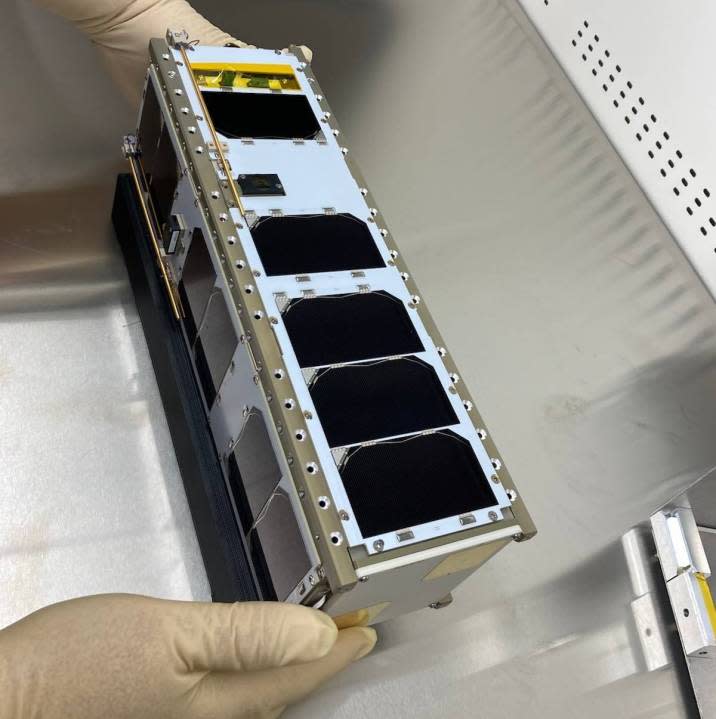<em>A CubeSat recently delivered to a team at Wichita State that is developing a small-scale neutrino detector that can be launched into orbit. (courtesy Wichita State University)</em>
