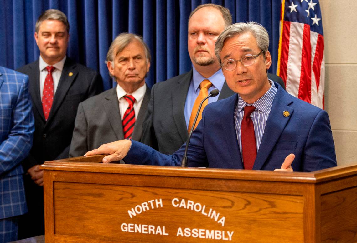 Sen. Michael Lee, Hanover County Republican and one of the three Senate Appropriations Committee chairs, right, outlines parts of the Senate Republicans’ budget proposal during a press conference on Monday, May 15, 2023 at the Legislative Building in Raleigh.