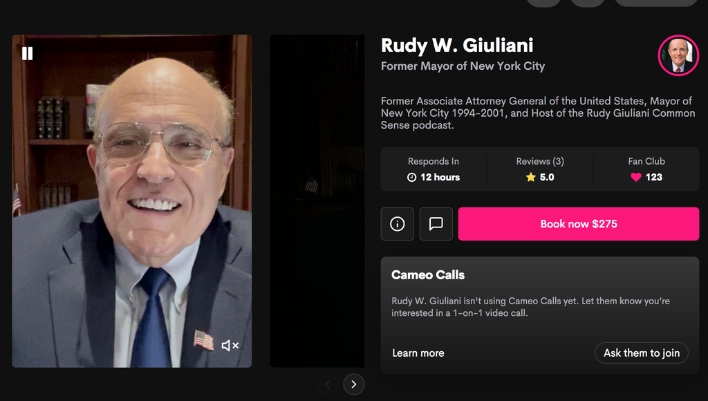 Rudy Giuliani is charging $275 on Cameo, much less than some actors (Cameo)