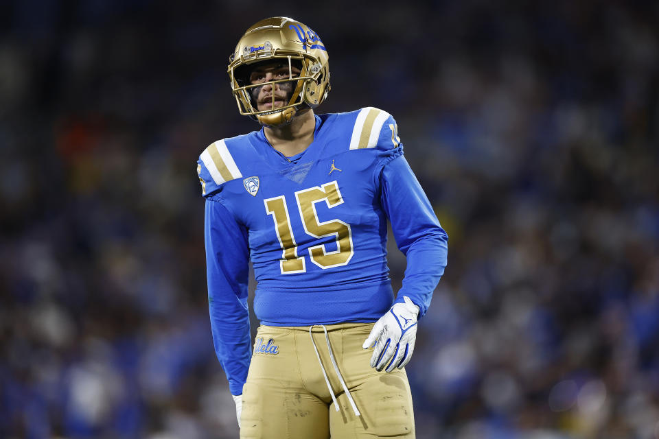 PASADENA, CALIFORNIA – NOVEMBER 11: Laiatu Latu #15 of the UCLA Bruins at Rose Bowl Stadium on November 11, 2023 in Pasadena, California. (Photo by Ronald Martinez/Getty Images)