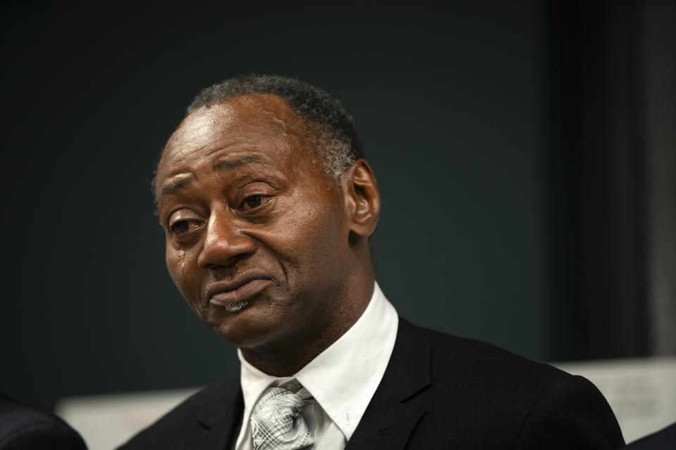 FILE - Jackie Wilson listens during a news conference in Chicago, June 30, 2021. Two former prosecutors have been charged and accused of lying about the relationship one had with a witness in the 1982 slayings of two Chicago police officers. On Wednesday, March 8, 2023, charges were unsealed against Nicholas Trutenko and Andrew Horvat. Trutenko, a Cook County assistant state's attorney, testified in 2020 that he was a long-time friend with William Coleman. Coleman was a central witness in the 1989 trial of Wilson, who was charged in the slaying of Officer Richard O'Brien. (E. Jason Wambsgans/Chicago Tribune via AP, File)