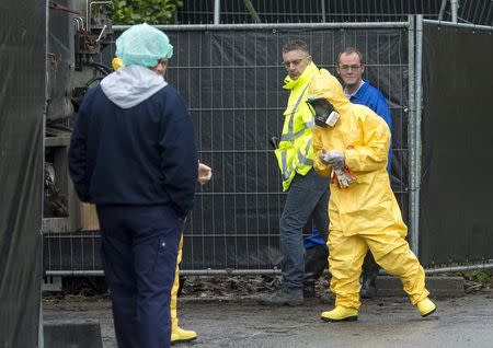 An expert wearing a protection suit arrives at a poultry farm, where a highly contagious strain of bird flu was found by Dutch authorities, in Hekendorp November 17, 2014. REUTERS/Marco De Swart