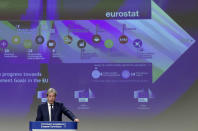 European Commissioner for the Economy Paolo Gentiloni speaks during a media conference on the 2020 Eurostat report, progress toward sustainable development goals in the EU, at EU headquarters in Brussels, Monday, June 22, 2020. (Yves Herman, Pool Photo via AP)