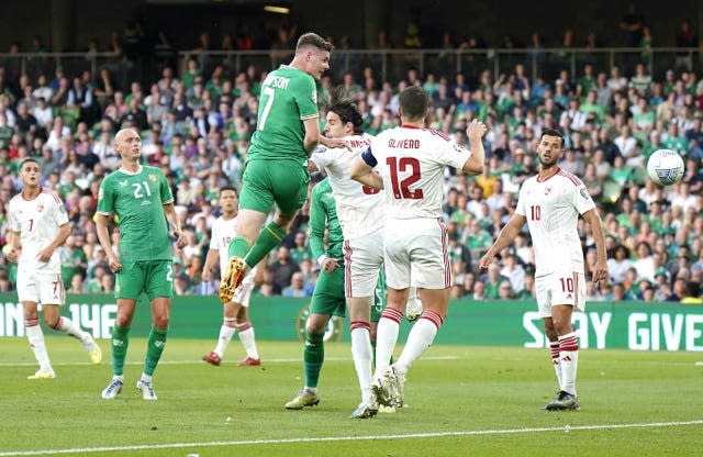 Evan Ferguson rises to score Ireland's second goal 