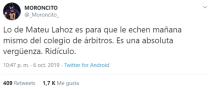 Pese a la victoria de su equipo por 4-0, los culés terminaron muy enfadados tras el partido ante el Sevilla debido a la actuación de Mateu Lahoz, que expulsó en el tramo final del encuentro a Araujo y a Dembélé. En las redes sociales la afición azulgrana estalló contra el colegiado valenciano. (Foto: Twitter / <a href="http://twitter.com/_Moroncito_/status/1180947668748685318" rel="nofollow noopener" target="_blank" data-ylk="slk:@_Moroncito_;elm:context_link;itc:0;sec:content-canvas" class="link ">@_Moroncito_</a>).