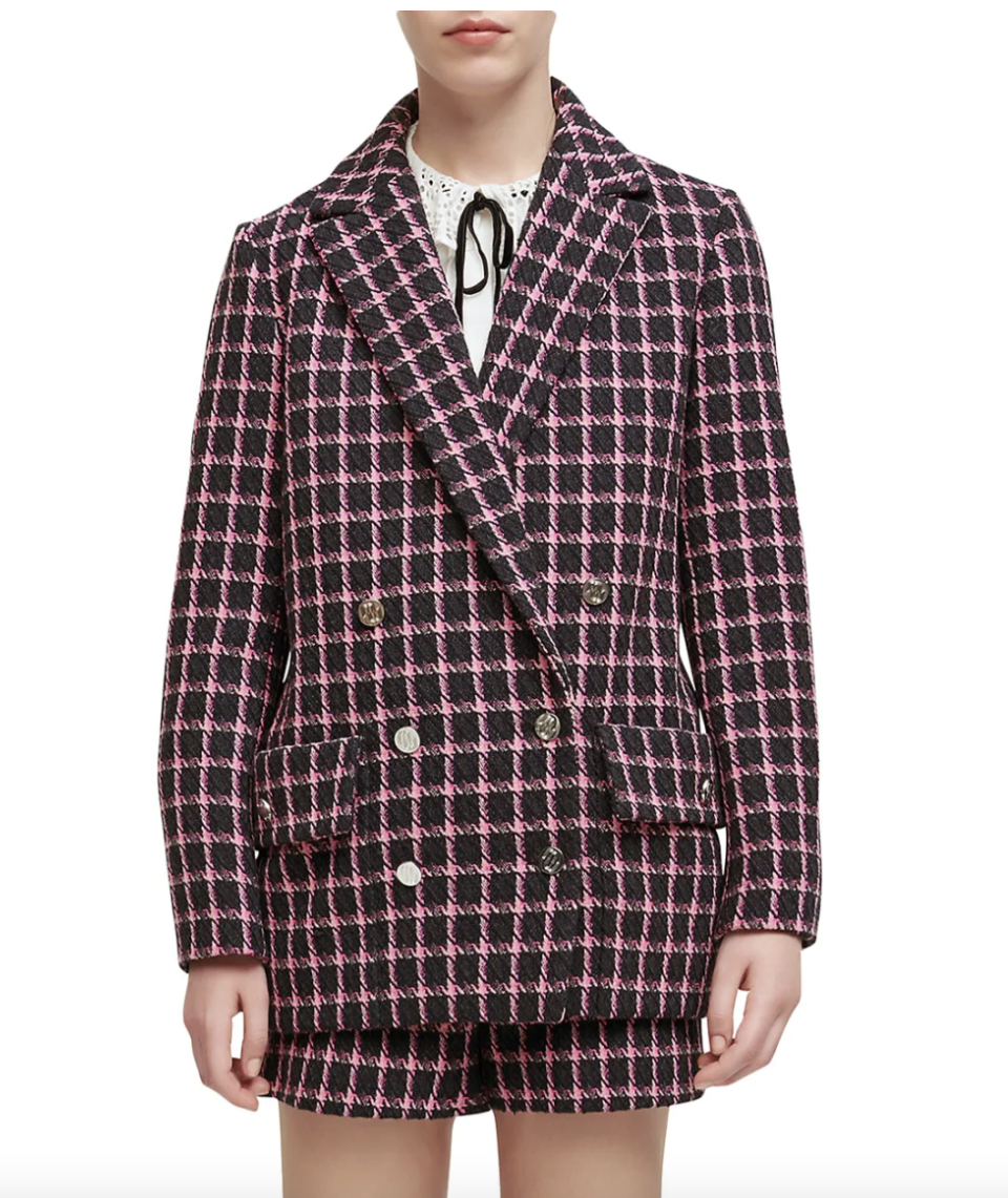 model in black and pink check Maje Oversized Checked Tweed Jacket (Photo via Saks Fifth Avenue)