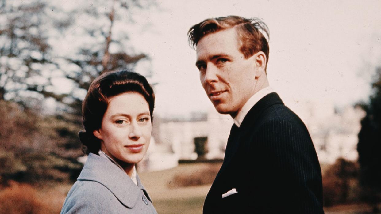 Princess Margaret (1930 - 2002) and Antony Armstrong-Jones in the grounds of Royal Lodge after they announced their engagement