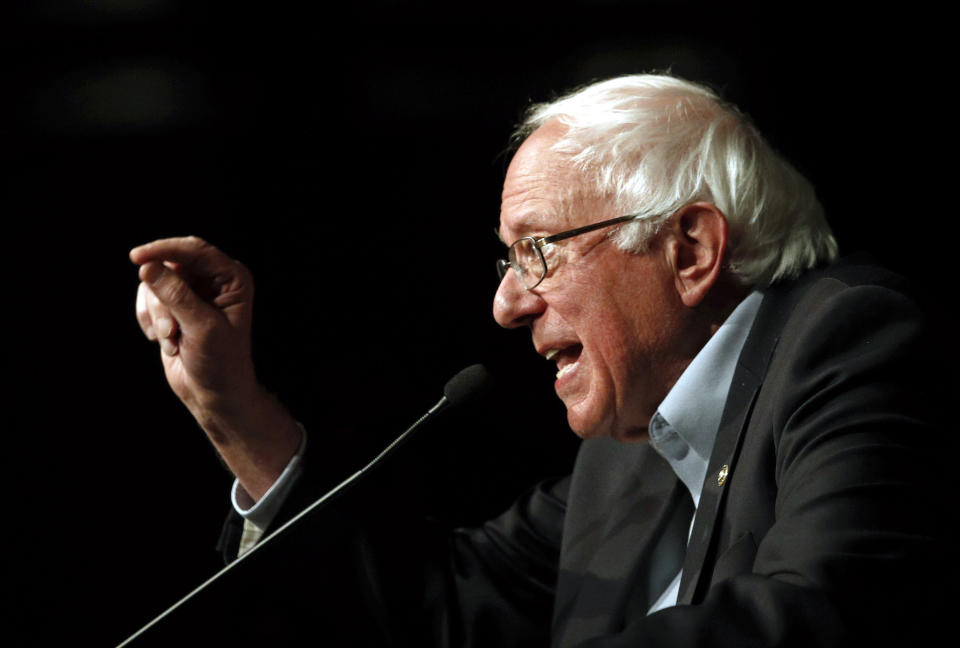 FILE - In this Oct. 30, 2018 file photo, Sen. Bernie Sanders, I-Vt., speaks in support of Maryland Democratic gubernatorial candidate Ben Jealous at a campaign rally in Bethesda, Md. Even before they announce their White House intentions, New Hampshire’s ambitious neighbors are in the midst of a shadow campaign to shape the nation’s first presidential primary election of the 2020 season. (AP Photo/Patrick Semansky, File)