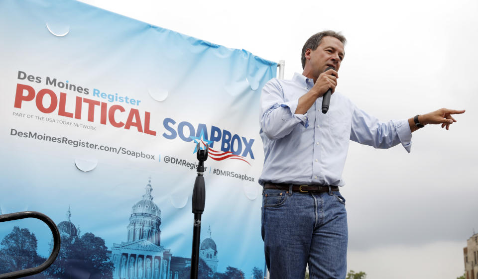 Montana Gov. Steve Bullock speaks at the Des Moines Register Soapbox during a visit to the Iowa State Fair, Thursday, Aug. 16, 2018, in Des Moines, Iowa. (AP Photo/Charlie Neibergall)