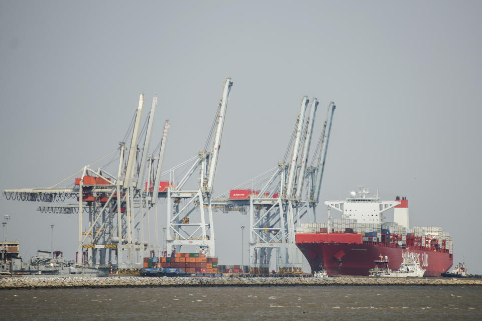 In this Sept. 19, 2019 photo, a container ship is docked in the port of Montevideo, Uruguay. Customs officials say Uruguay’s controls focus on imports, not exports, which are important to the economy and no one wants to threaten, according to Leonardo Couto, a customs broker who participated in meetings seeking to improve the export control system. (AP Photo/Matilde Campodonico)