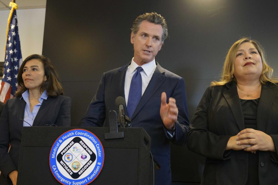 California Governor Gavin Newsom speaks to members of the press at a news conference in Sacramento, Calif., Thursday, Feb. 27, 2020. Newsom spoke about the state's response to novel coronavirus, also known as COVID-19. Yesterday, the Centers for Disease Control and Prevention confirmed a possible first case of person-to-person transmission of COVID-19 in California in the general public.(AP Photo/Randall Benton)