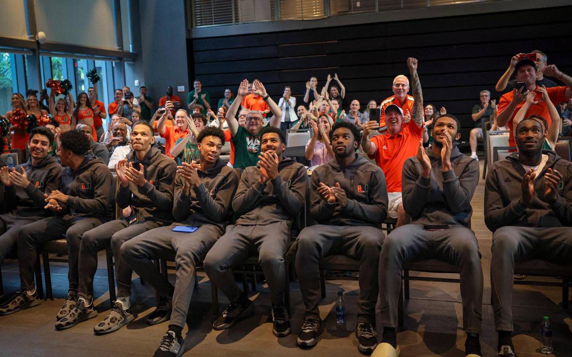 The Miami Hurricanes celebrate their number 5 seed in the NCAA Tournament during a watch party on Sunday, March 12, 2023, in Coral Gables.
